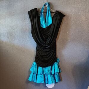 TD4 By Eletra 80s ruched black & Turquoise ruffle cocktail Dress Size 3